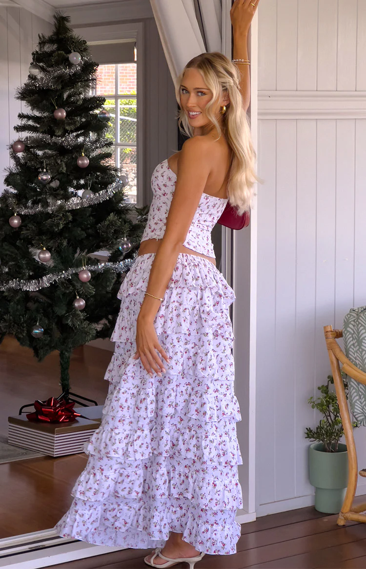 Paisley White Floral Ruffle Maxi Skirt - Image 9