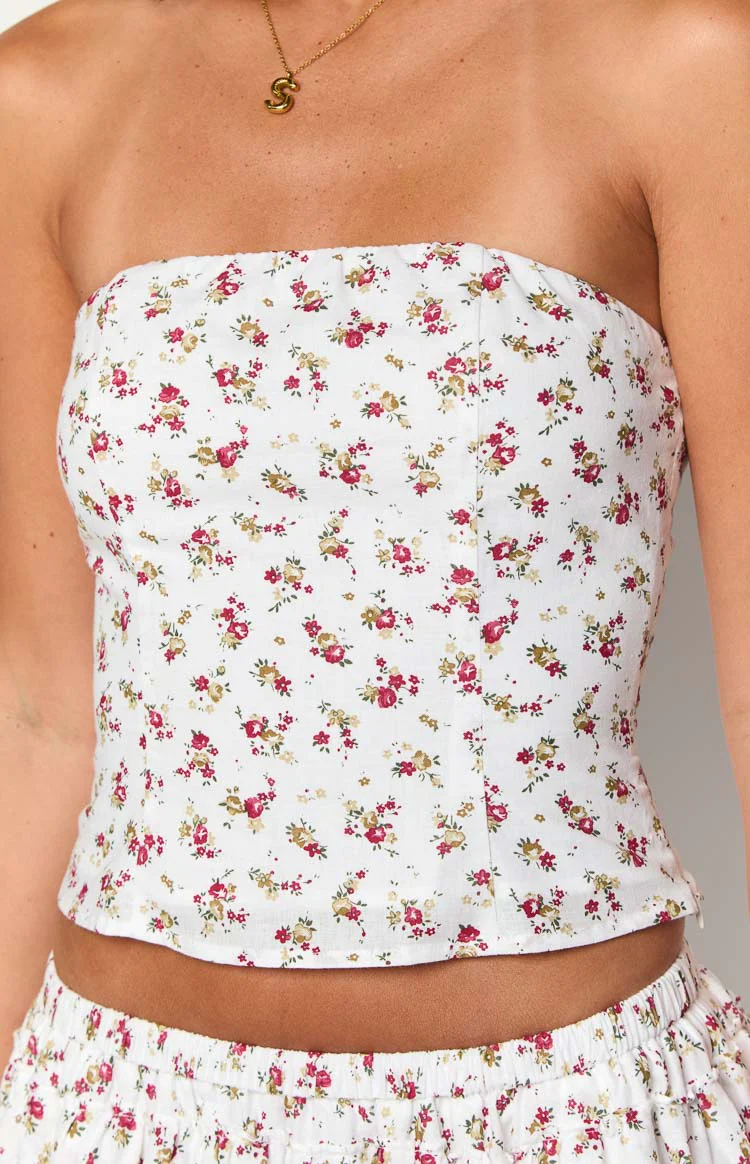 Paisley White Floral Strapless Top - Image 7