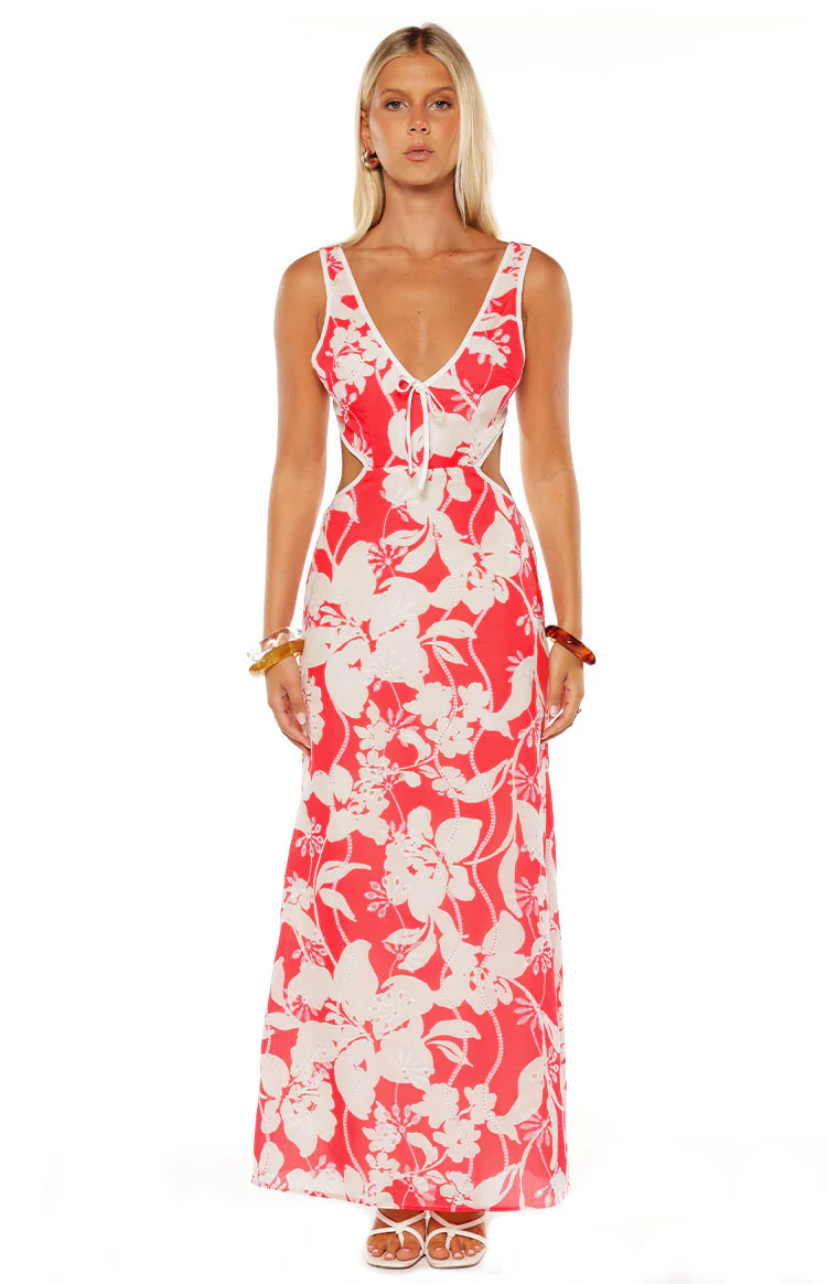 Perez Red Floral Cut Out Maxi Dress - Image 5
