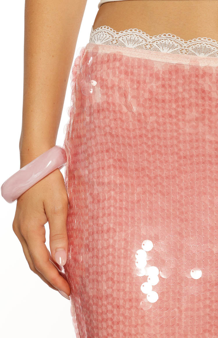 Petra Pink Sequin Lace Trim Midi Skirt - Image 5