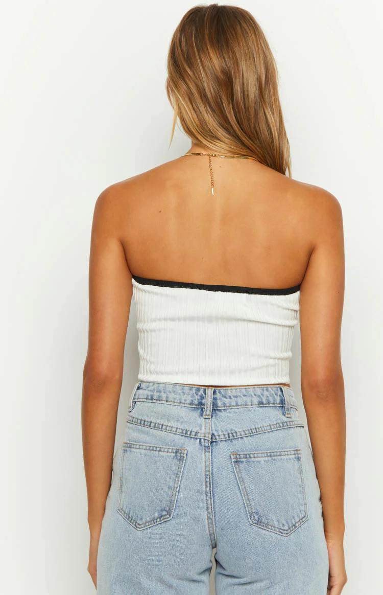 Pia White Contrast Bind Knit Tube Top - Image 6