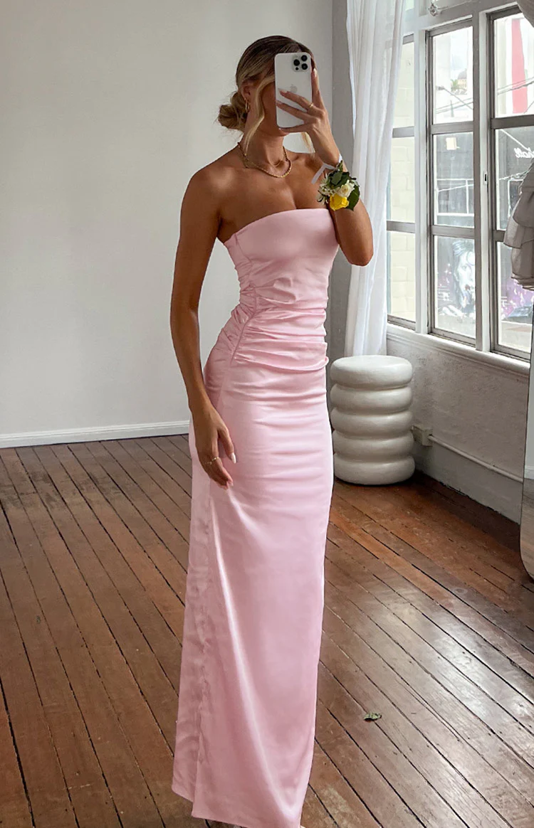 Pink Bloom Satin Strapless Maxi Dress - Image 11