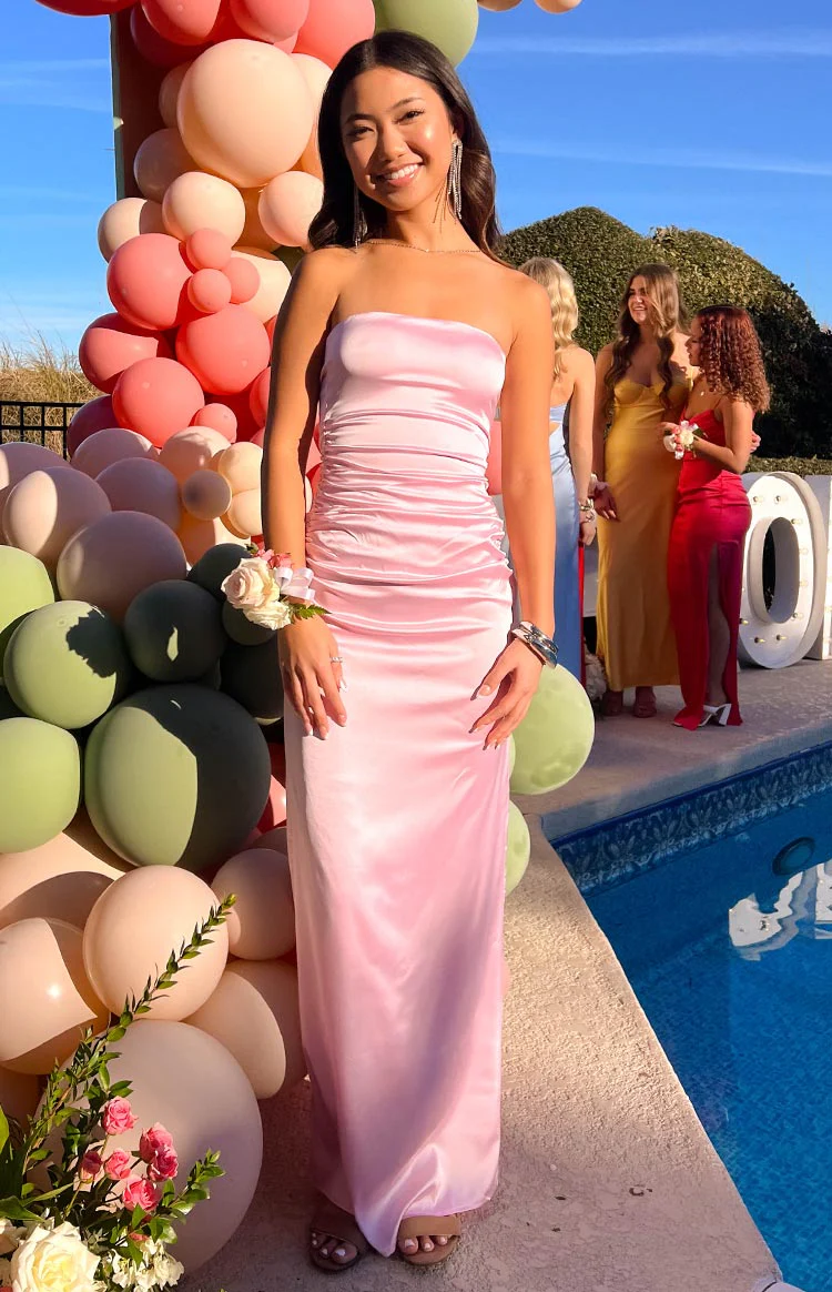Pink Bloom Satin Strapless Maxi Dress - Image 12