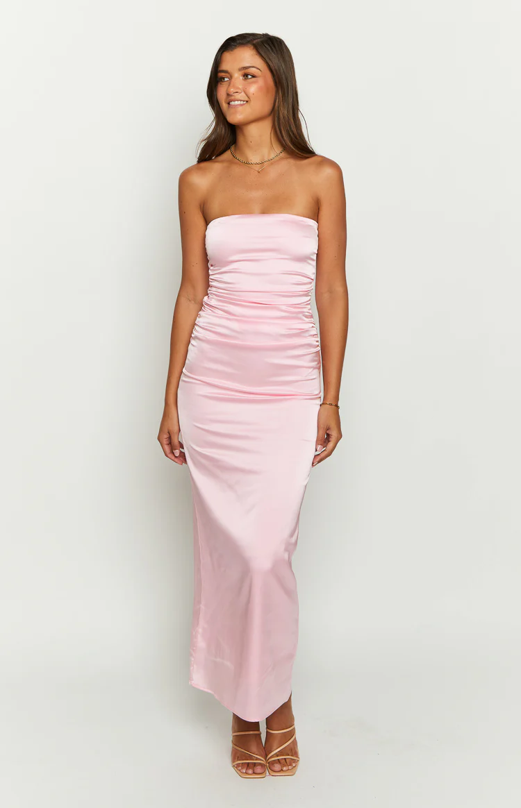 Pink Bloom Satin Strapless Maxi Dress - Image 5