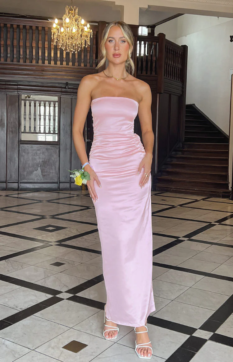Pink Bloom Satin Strapless Maxi Dress - Image 9