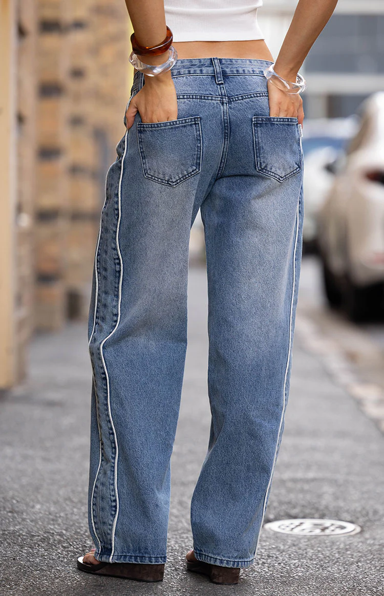 Posey Mid Wash Contrast Seam Wide Leg Jeans - Image 10