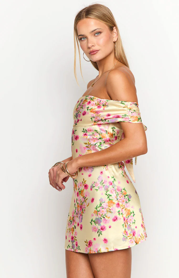 Primrose Yellow Bloom Off the Shoulder Mini Dress - Image 4