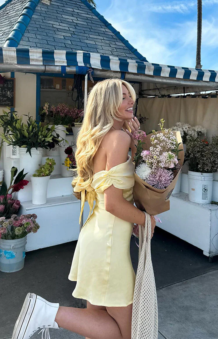 Primrose Yellow Satin Off the Shoulder Mini Dress - Image 10