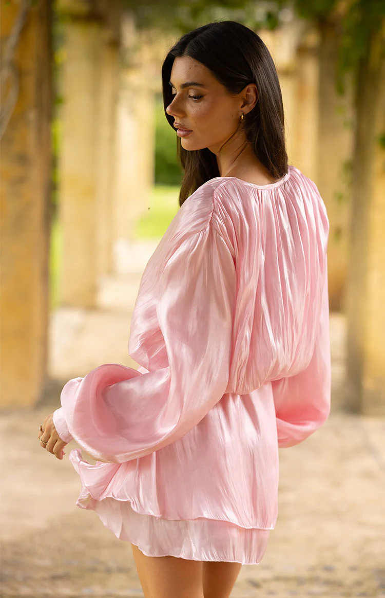 Quinton Pink Satin Long Sleeve Tie Mini Dress - Image 4