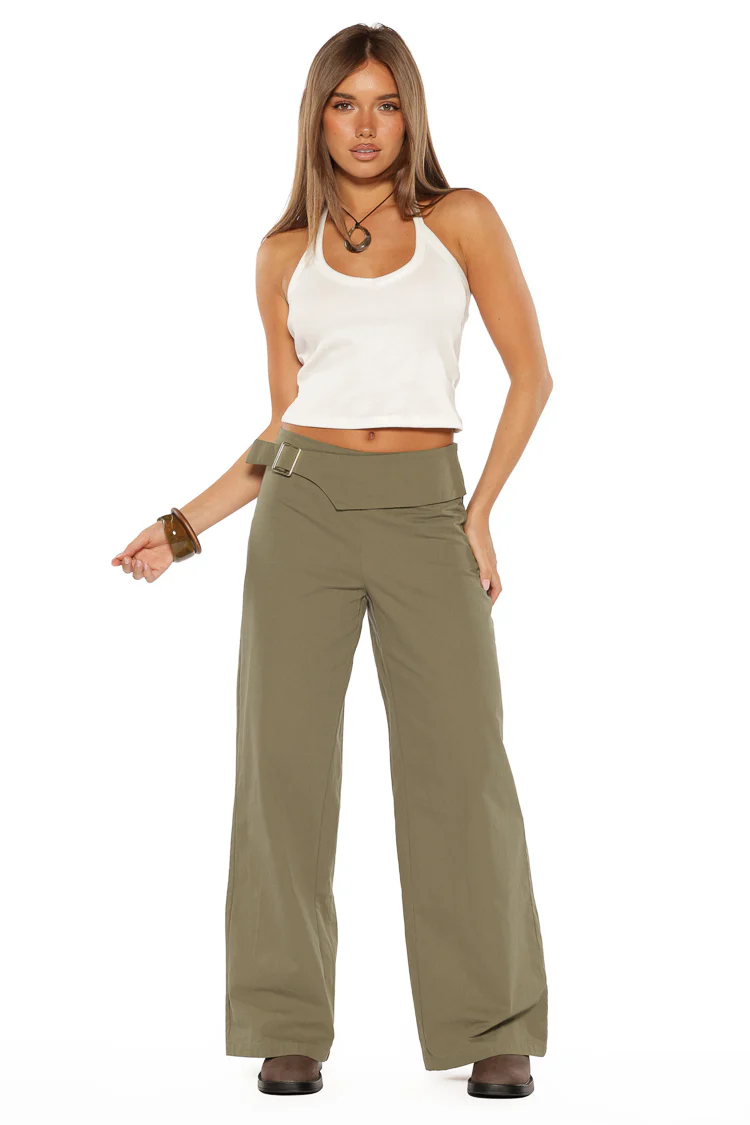 Rewind Green Buckle Detail Straight Leg Pants - Image 6