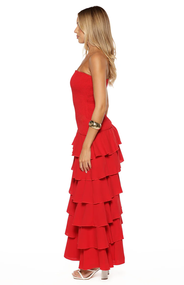 Riles Red Strapless Ruffle Maxi Dress - Image 3