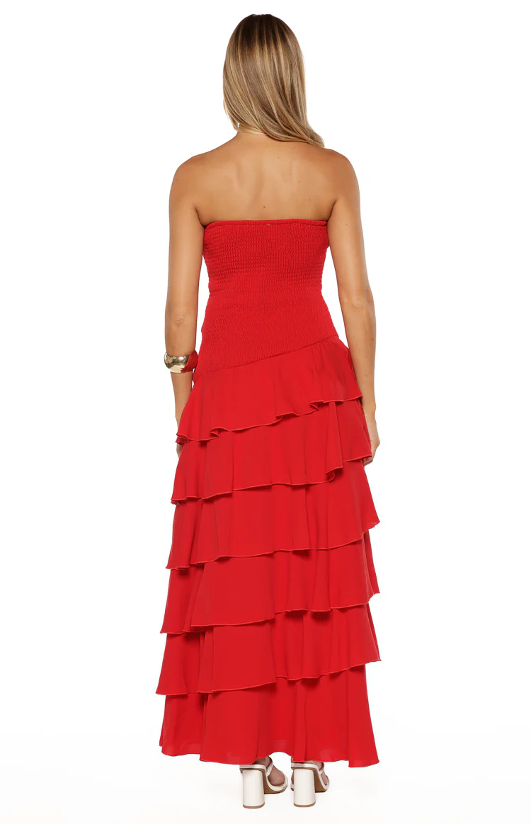 Riles Red Strapless Ruffle Maxi Dress - Image 4