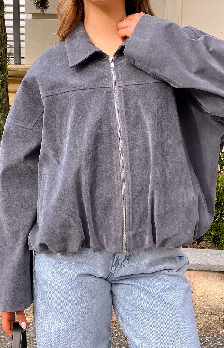 River Steel Grey Suedette Bubble Hem Bomber Jacket - Image 2