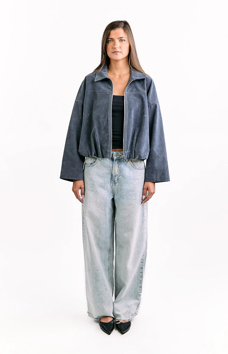 River Steel Grey Suedette Bubble Hem Bomber Jacket - Image 4