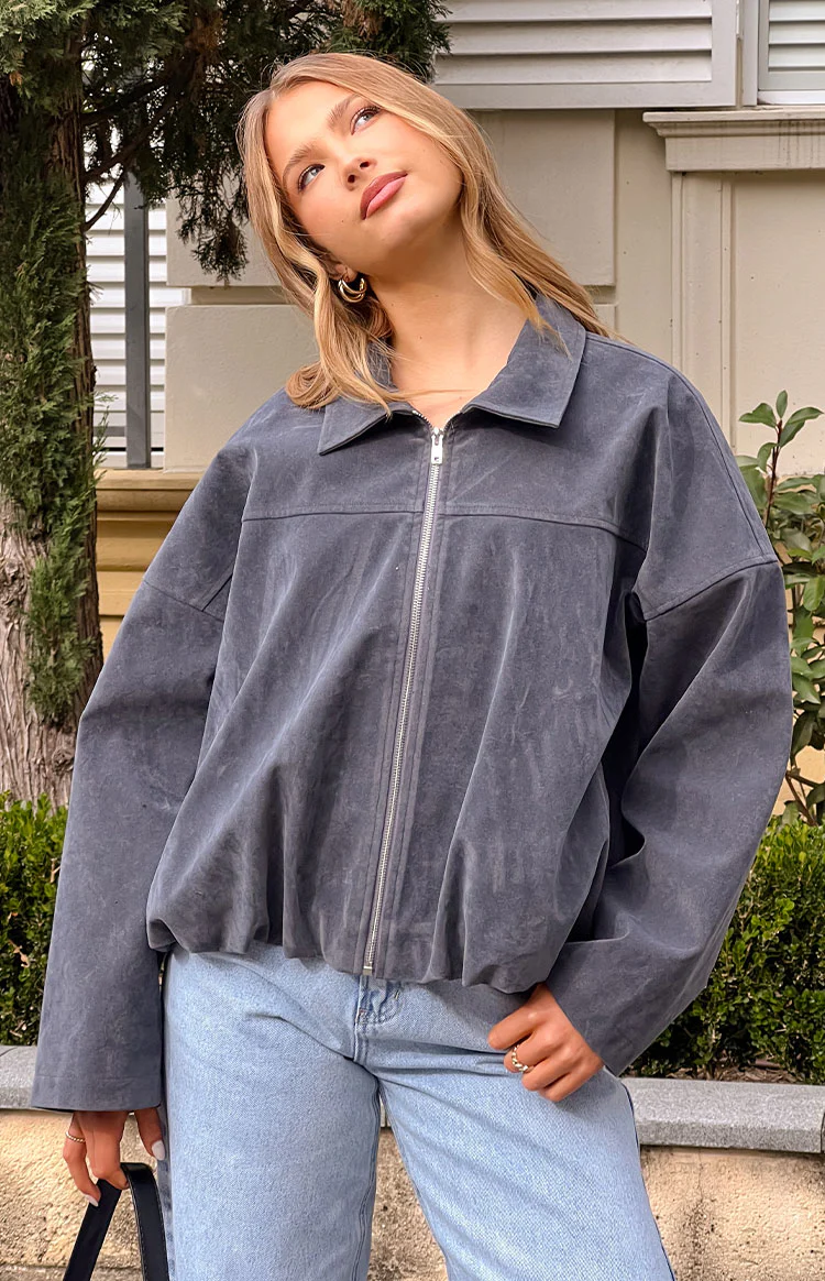 River Steel Grey Suedette Bubble Hem Bomber Jacket - Image 9