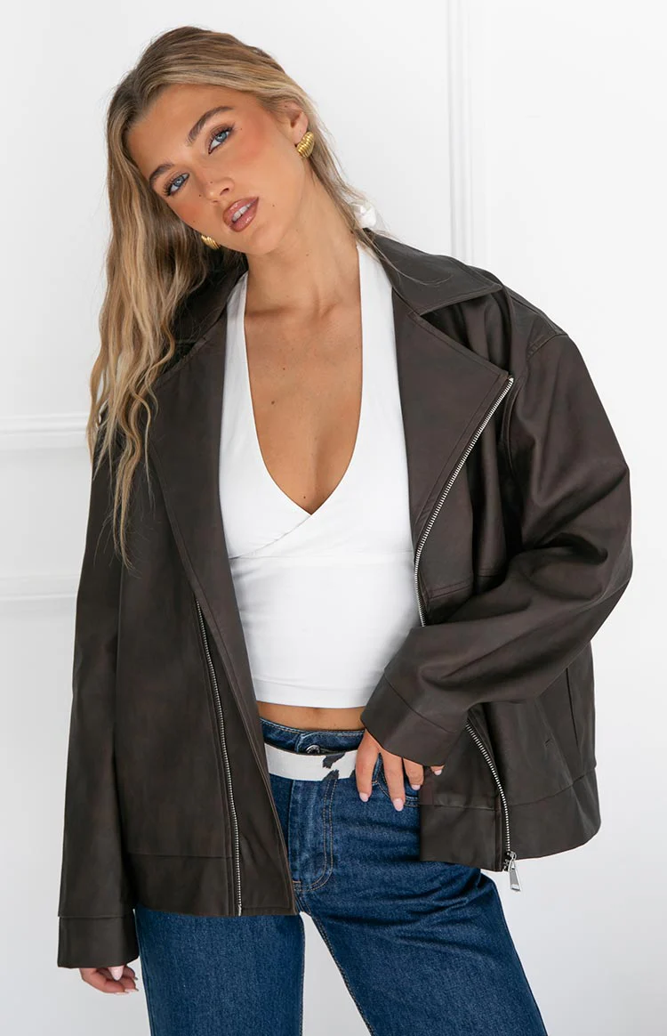 Rochelle PU Chocolate Brown Oversized Biker Jacket - Image 8