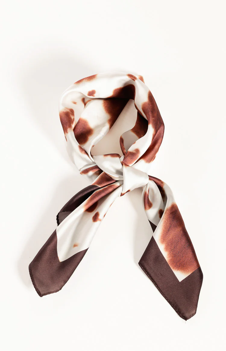 Roxy Brown Cow Print Multi Wear Satin Scarf - Image 2