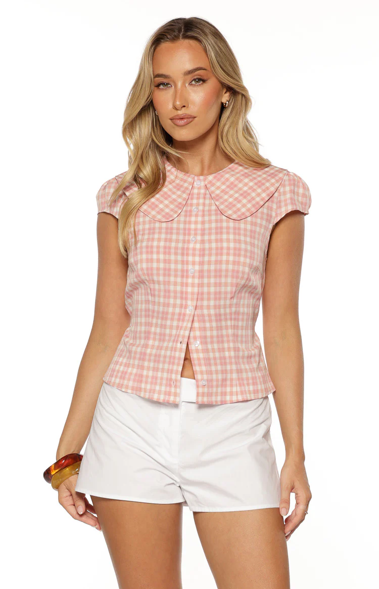 Rumi Pink Plaid Peter Pan Collar Top - Image 2