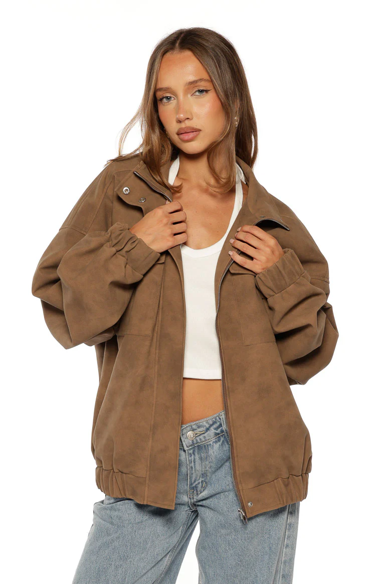 Sapna Brown Oversized Funnel Neck Suedette Jacket - Image 2