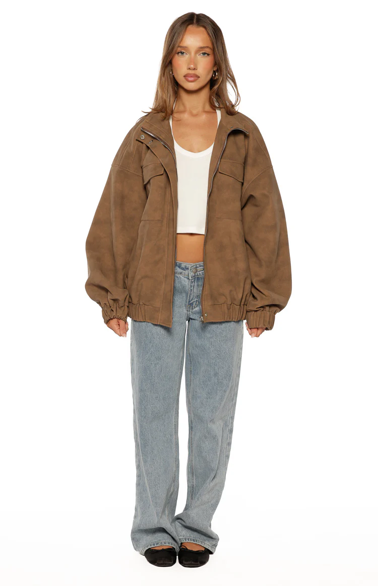 Sapna Brown Oversized Funnel Neck Suedette Jacket - Image 6