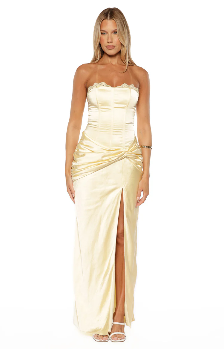 Sasha Yellow Ruched Twist Satin Maxi Dress - Image 5