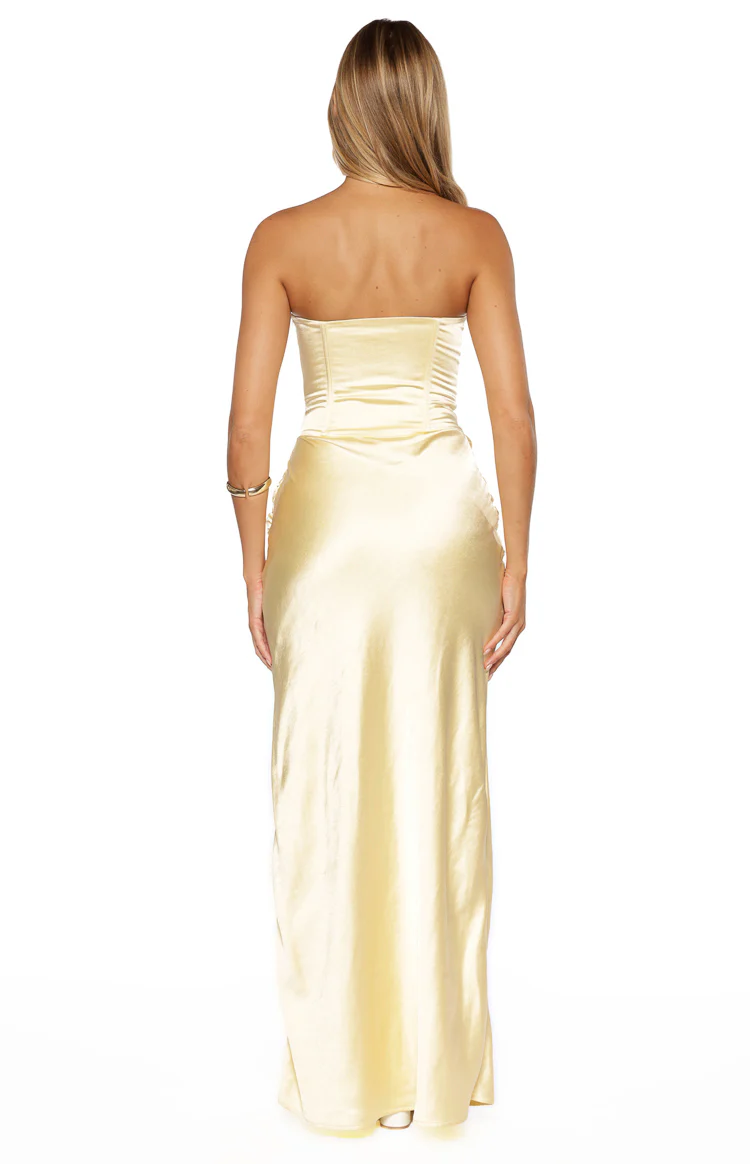 Sasha Yellow Ruched Twist Satin Maxi Dress - Image 7