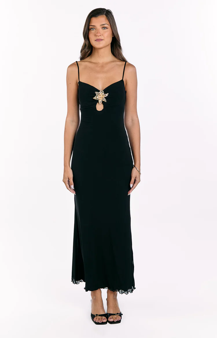 Selina Black Hibiscus Trim Maxi Dress - Image 3