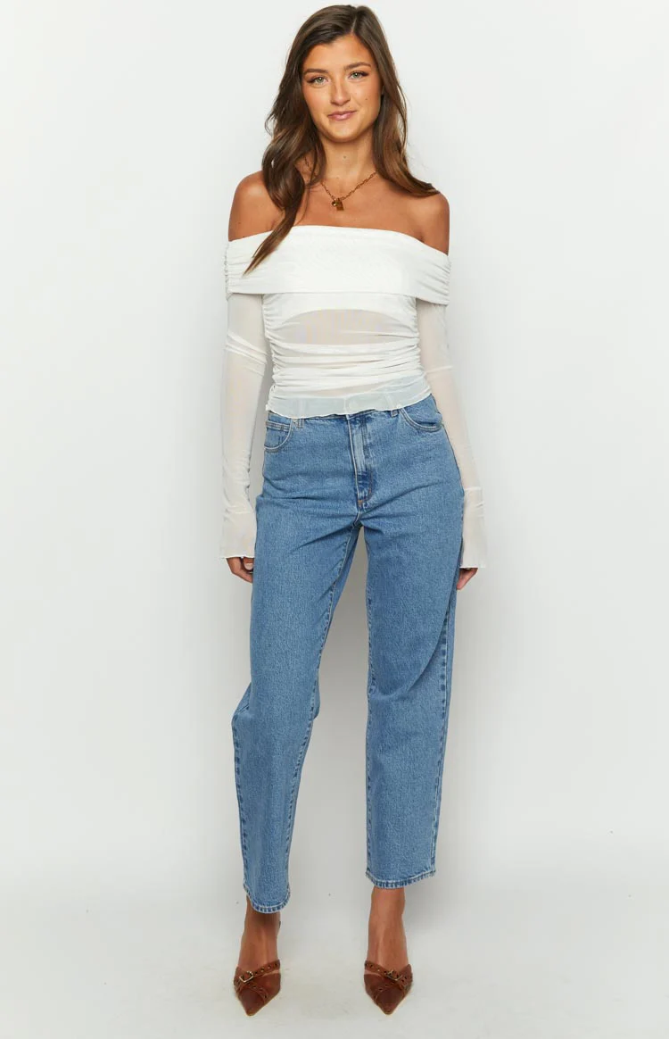 Sky White Mesh Off Shoulder Top - Image 3