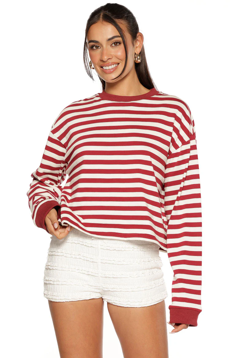 So Breezy Burgundy Stripe Long Sleeve Top - Image 2
