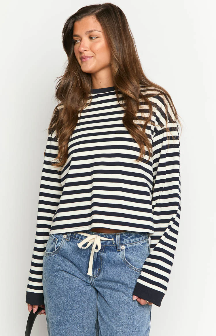 So Breezy Navy Stripe Long Sleeve Top - Image 2