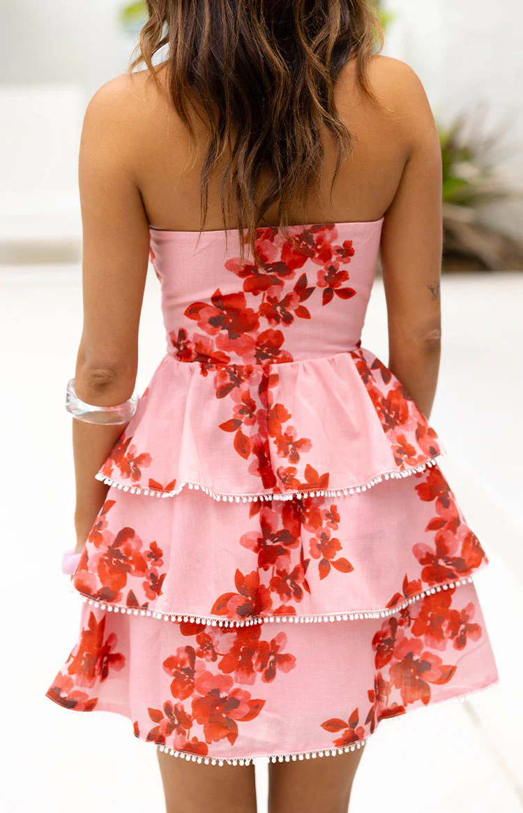 Sofia Pink Floral Strapless Ruffle Mini Dress - Image 4