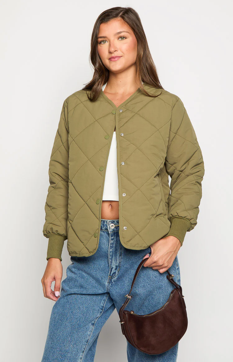 Steph Khaki Quilted Bomber Jacket - Image 2