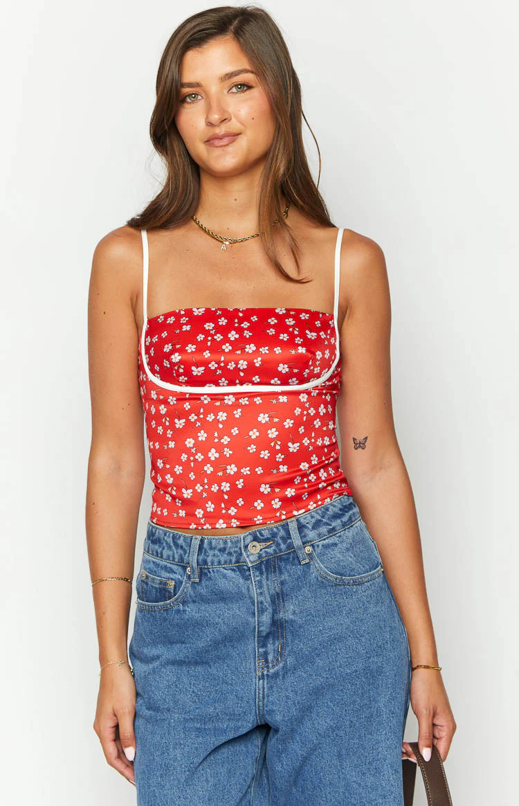 Tamra Red Floral Low Back Top - Image 2