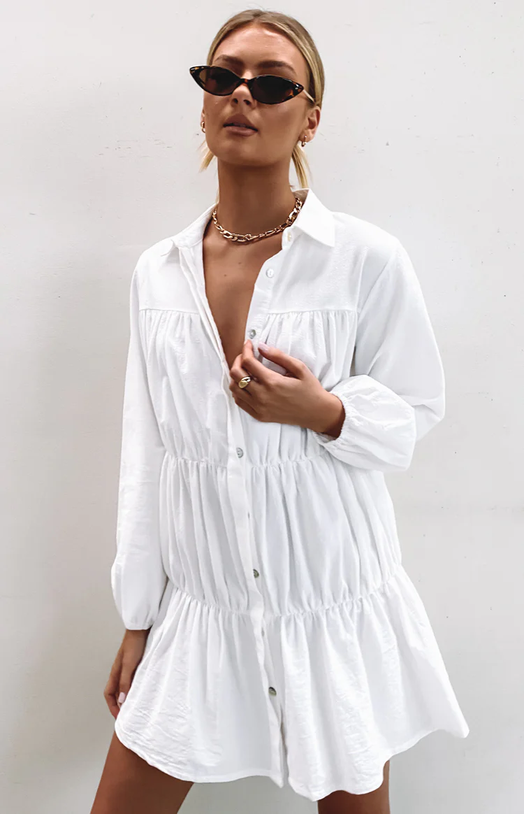 Theodossia Tiered Long Sleeve Dress White - Image 4