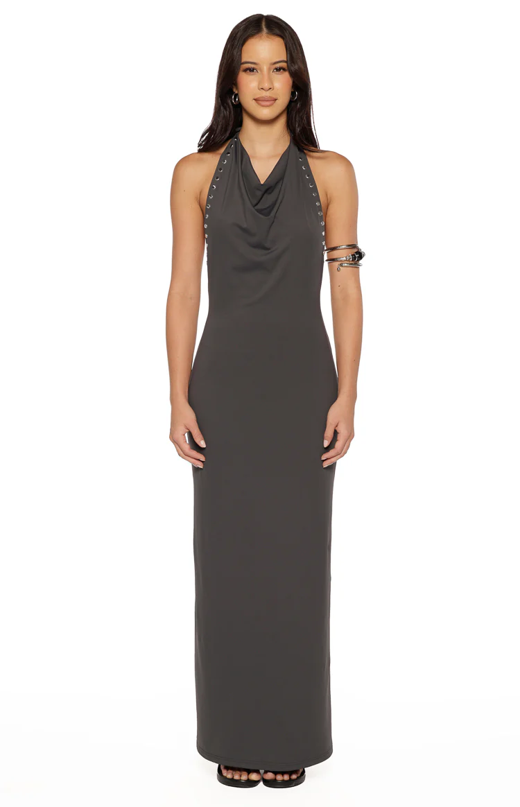 Tsuki Grey Stud Detail Cowl Neck Maxi Dress - Image 5