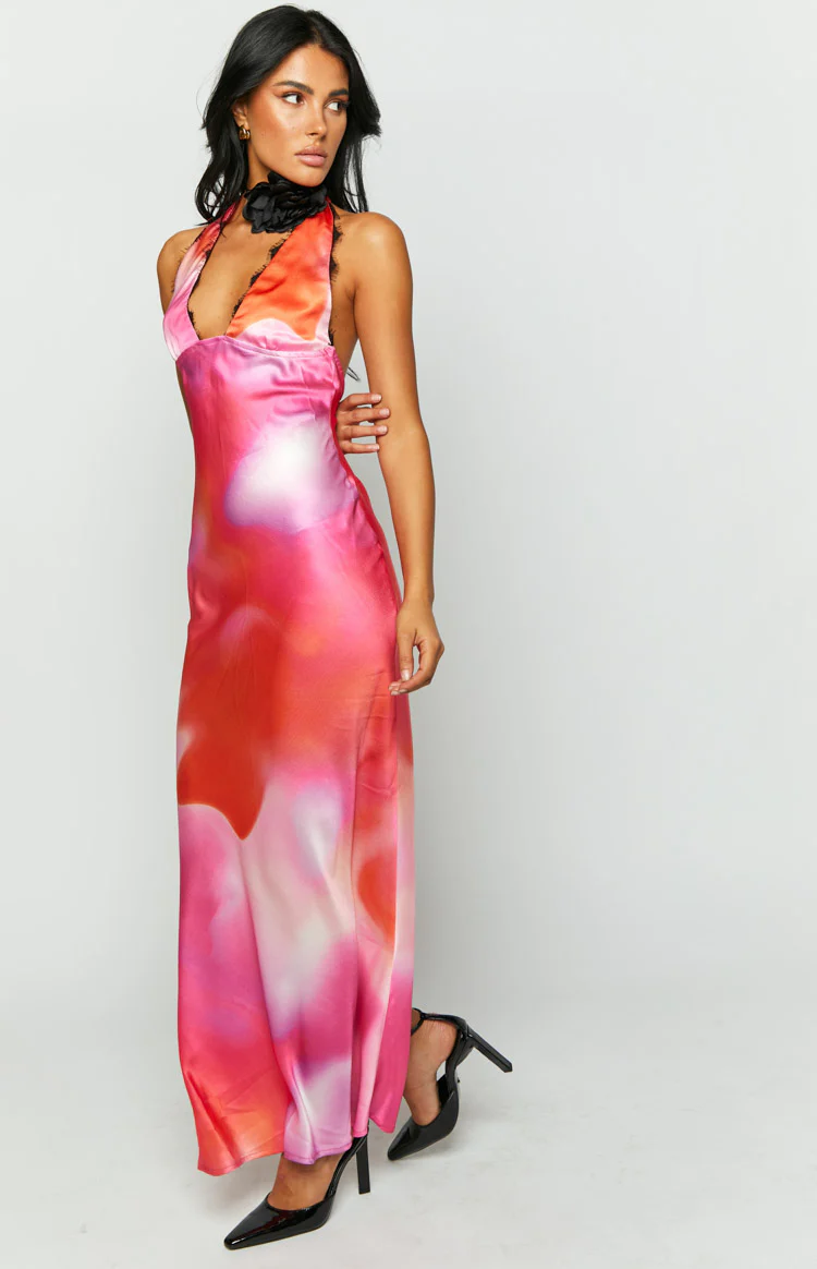 Valletta Pink Print Halter Neck Maxi Dress - Image 4