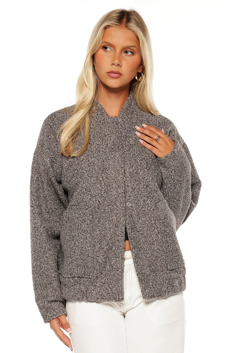 Warren Grey Boucle Button Up Bomber Jacket - Image 2