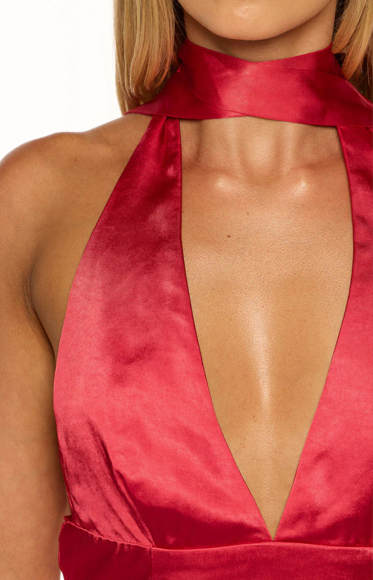 Wendy Red Satin Halter Scarf Mini Dress - Image 8