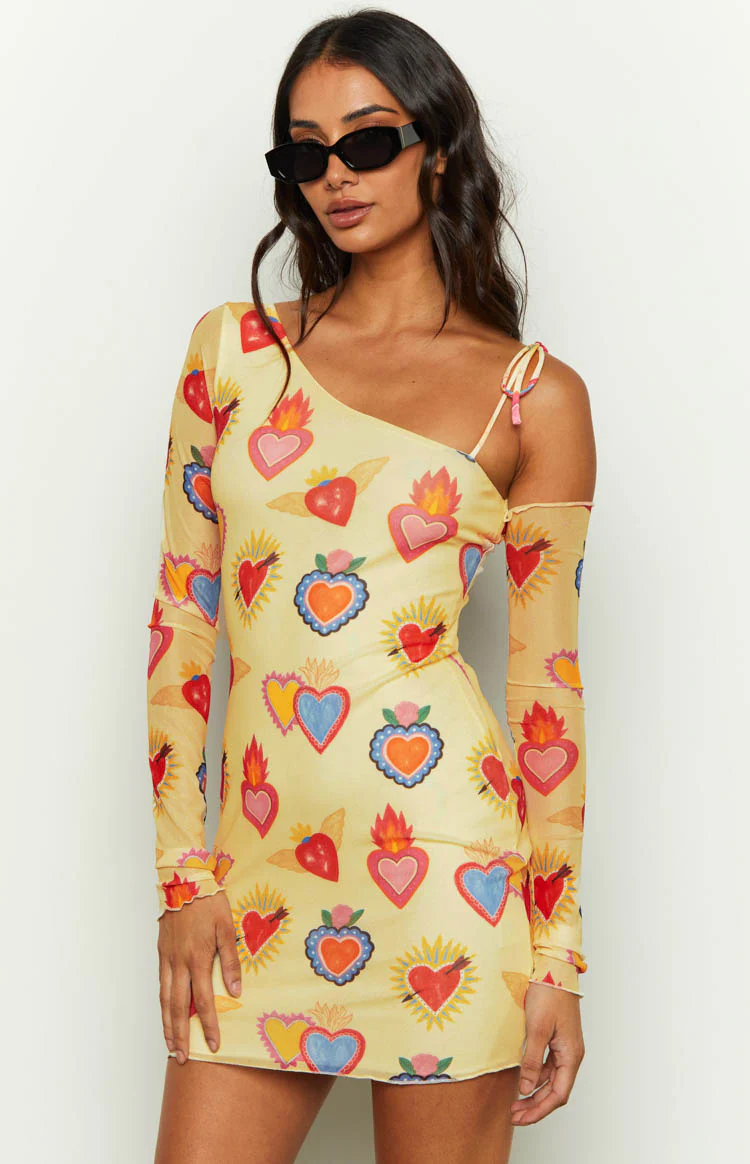 Wild At Heart Yellow Printed Mesh Long Sleeve Mini Dress - Image 3
