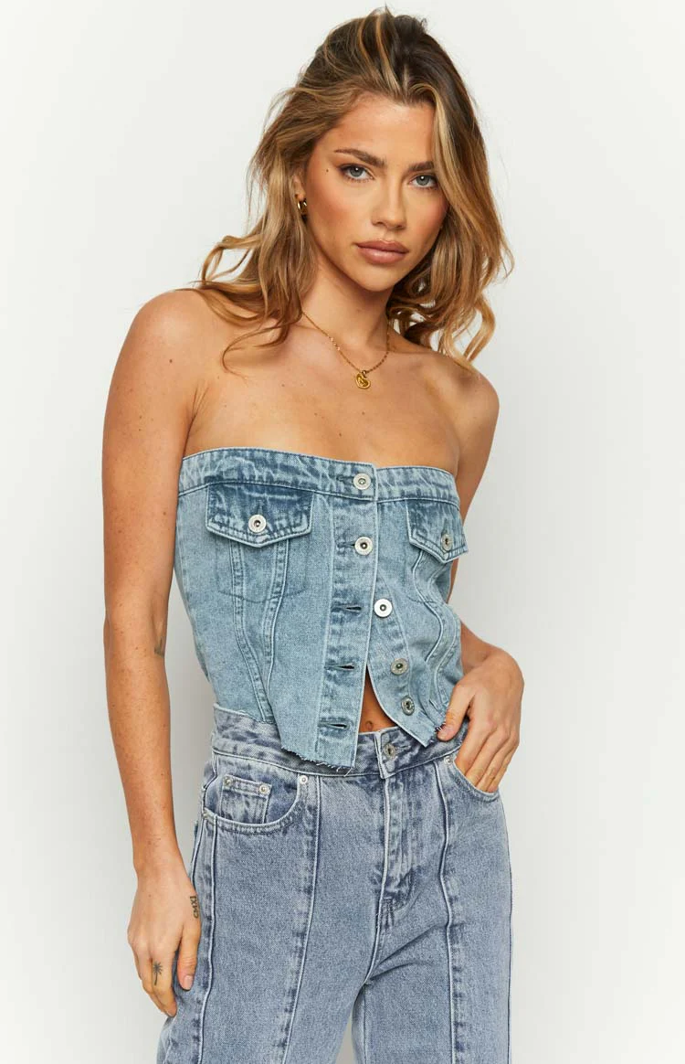 Wilma Mid Wash Denim Button Top - Image 3