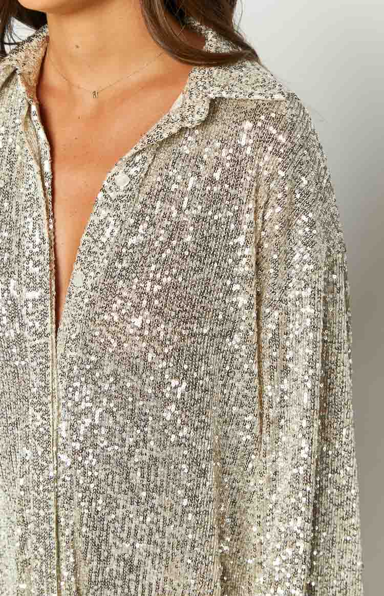 Zariah Gold Sequin Long Sleeve Shirt - Image 6