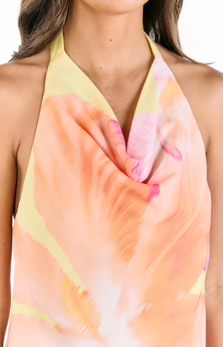 Zyla Yellow Hibiscus Floral Print Cowl Mini Dress - Image 6